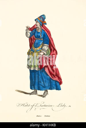Tartarian Lady in traditionellen Kleidern. Blaues Kleid mit langem Rock, rotem Satinmantel, weißem Hemd, Stoffhut. Von J.M. Vien, London, 1757-1772 Stockfoto