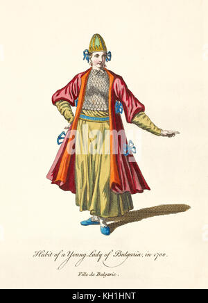 Bulgarische Dame in traditionellen Kleidern im Jahr 1700. Rock in sattem Gelb und langer roter Mantel. Alte Illustration von J.M. Vien, publ. T. Jefferys, 1757-1772 Stockfoto