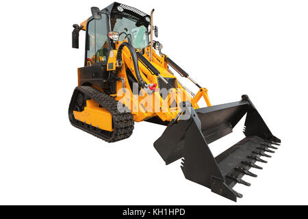 Baggerlader oder Bulldozer, Bagger mit Beschneidungspfaden auf weißem Hintergrund Stockfoto