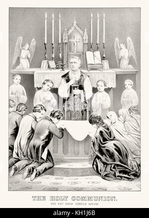 Alte Abbildung: Darstellung Priester weihen Eucharistie in der Messe von Currier & Ives, Publ. in New York, 1873 Stockfoto