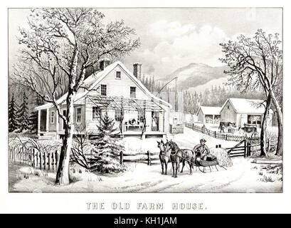 Antike Abbildung eines alten Bauernhauses. Von Currier & Ives, Publ. in New York, 1872 Stockfoto