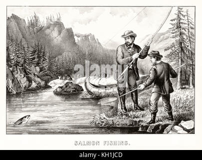 Alte Abbildung: Darstellung von Mann und der junge Lachse angeln. Von Currier & Ives, Publ. in New York, 1872 Stockfoto