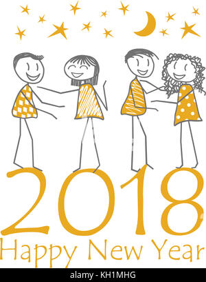 Menschen wünschen einander ein gutes neues Jahr unter einem Sternenhimmel mit dem Mond Stockfoto