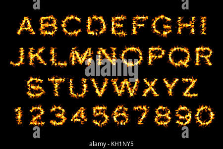 Feuer, Feuer Text Font Collection Sammlung. Alphabet der Flamme Stockfoto