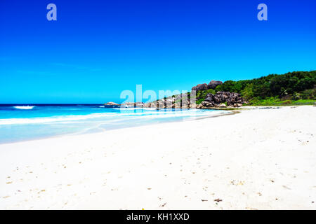 Weißer Sand, Palmen, Felsen und türkisem Wasser an einem sonnigen Tag an der großen, breiten Paradise Strand von Grand Anse, La Digue, Seychellen Stockfoto