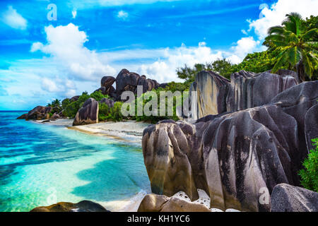 Türkisfarbenes Wasser, Granitfelsen und Palmen im weißen Sand von Anse Source D'Argent auf den Seychellen Stockfoto