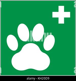 Pet-erste Hilfe, grünes Schild mit weißer Pfote Symbol und Kreuz, Vector Illustration. Stock Vektor