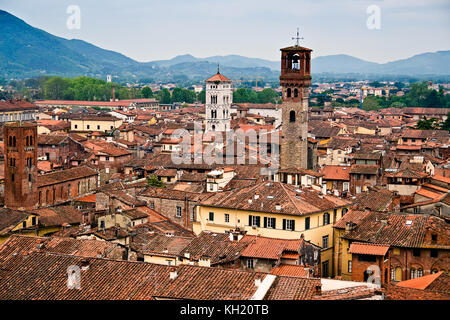 Luftaufnahme von Lucca, von der Oberseite der Torre Guinigi - Toskana, Italien Stockfoto