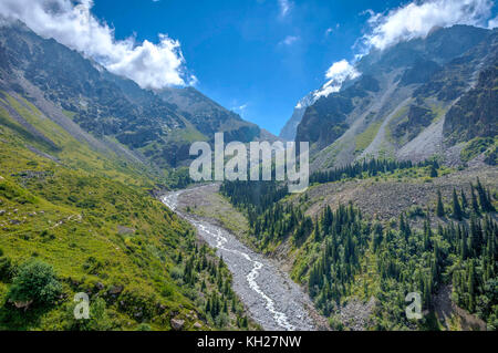 Tal mit Fluss und Wald in Ala archa Nationalpark, Kirgisistan Stockfoto