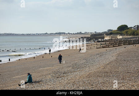 Besucher und Bewohner spazieren an einem sonnigen Wintertag am Bognor Beach, West Sussex, Großbritannien. Umfasst Hundewanderer, Jogger und Fischer. Stockfoto