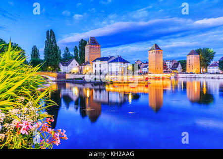 Straßburg, Elsass, Frankreich. mittelalterliche Brücke Ponts Couverts. Stockfoto