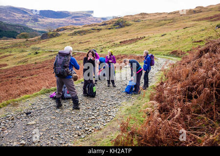 Ramblers Gruppe ruht auf dem Watkin Pfad im Cwm Llançà in Berge von Snowdonia National Park. Bethania, Gwynedd, Wales, Großbritannien, Großbritannien Stockfoto