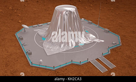 Die Kapsel auf dem Mars ist mit einem silbernen Tuch bedeckt. 3D-Rendering Stockfoto