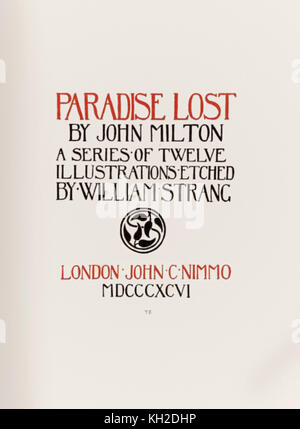 Buchdruck Titelseite von "Paradise Lost" von John Milton (1608-1674) eine Reihe von 12 Abbildungen geätzt von William Strang (1859-1921). Weitere Informationen finden Sie unten. Stockfoto