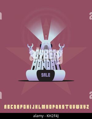 Cyber Monday sale Plakat Konzept. Vector Illustration. retro Roboter und Schriftart Stock Vektor