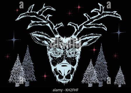 Vector Illustration einer Komposition in negative Farben von Hand gezeichnet Rentiere und Sterne Stock Vektor