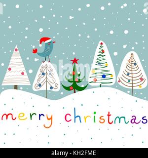 Stilisierte doodle Tannen Ornamente christbaumkugeln Stern Wald. Schneefall niedlich kawaii Vogel in Santa Claus hat. Baby blau Hintergrund. hand Schrift Stock Vektor