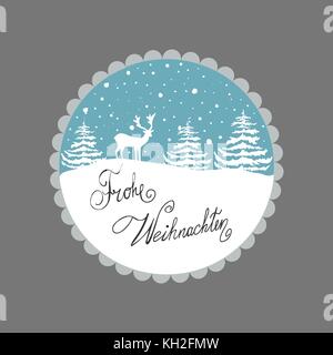 Weihnachten Grußkarte. weiße Rentier Tannen Schneeflocken auf blauem Hintergrund. dekorative Rahmen Kreis. hand Schrift in deutscher Sprache frohe Weihnachten Stock Vektor