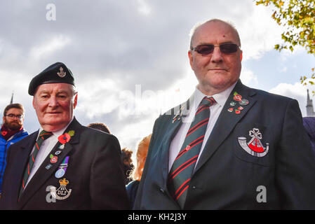 London, Großbritannien. 12. November 2017. Kriegsveteranen zeigen ihre Medaillen als große Volksmengen um den Parliament Square und Whitehall auf das Gedenken Sonntag, wo die Mitglieder der königlichen Familie, dignatories und Veteranen gab Tribute zu den Krieg tot am Ehrenmal zu sammeln. Credit: Stephen Chung/Alamy leben Nachrichten Stockfoto