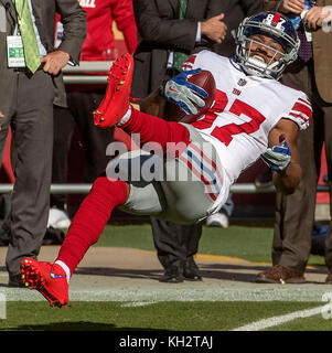 Santa Clara, Kalifornien, USA. 12 Nov, 2017. New York Giants wide receiver Sterling Shepard (87) Fänge Pass am Sonntag, 12. November 2017, in Levis Stadion in Santa Clara, Kalifornien. Die 49ers die Riesen besiegte 31-21. Al Golub/CSM/Alamy leben Nachrichten Stockfoto