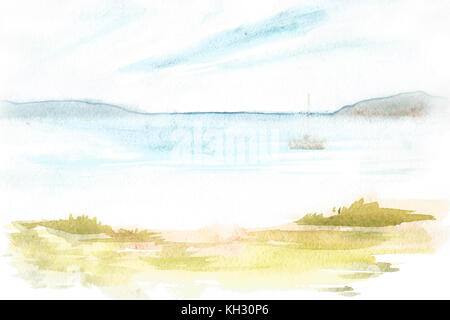 Aquarell Malerei zeigt eine Landschaft mit blauem Himmel, Wolken. Stockfoto