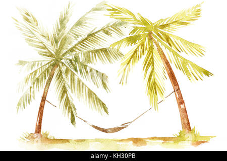 Hand gezeichnet Aquarell Abbildung: Palmen. Küste von Palm Beach. Stockfoto