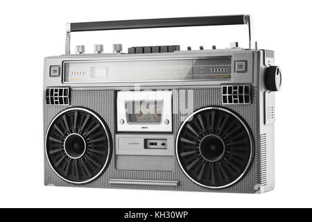 Silber retro Ghetto Blaster oder audio Boombox auf weißem Hintergrund Stockfoto