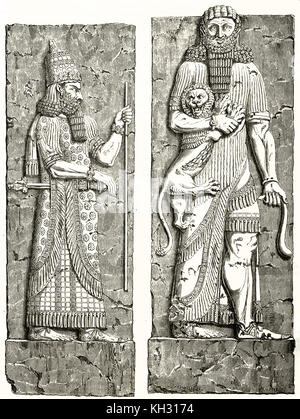 Alten Vervielfältigung von zwei Assyrische Reliefs im Louvre Museum aufbewahrt (Darstellung der König und Herkules). Durch Catenacci, Publ. Bei le Tour du Monde, Paris, Stockfoto