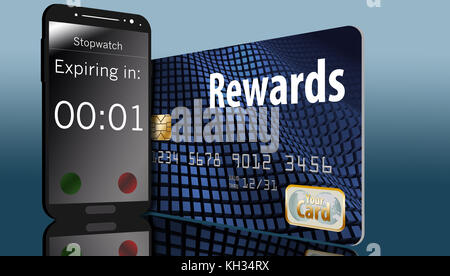 Eine Rewards-Kreditkarte mit einem Ablaufdatum wird mit einem Countdown-Timer für das Mobiltelefon auf dem Bildschirm angezeigt. Stockfoto