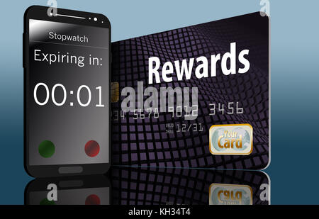 Eine Rewards-Kreditkarte mit einem Ablaufdatum wird mit einem Countdown-Timer für das Mobiltelefon auf dem Bildschirm angezeigt. Stockfoto