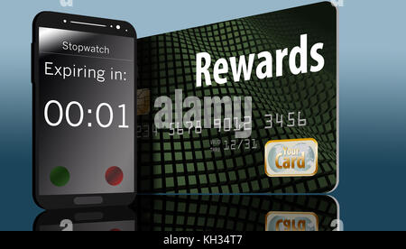 Eine Rewards-Kreditkarte mit einem Ablaufdatum wird mit einem Countdown-Timer für das Mobiltelefon auf dem Bildschirm angezeigt. Stockfoto
