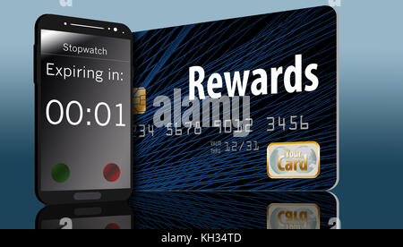 Eine Rewards-Kreditkarte mit einem Ablaufdatum wird mit einem Countdown-Timer für das Mobiltelefon auf dem Bildschirm angezeigt. Stockfoto