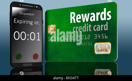 Eine Rewards-Kreditkarte mit einem Ablaufdatum wird mit einem Countdown-Timer für das Mobiltelefon auf dem Bildschirm angezeigt. Stockfoto