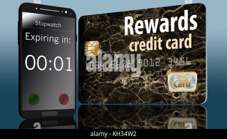 Eine Rewards-Kreditkarte mit einem Ablaufdatum wird mit einem Countdown-Timer für das Mobiltelefon auf dem Bildschirm angezeigt. Stockfoto