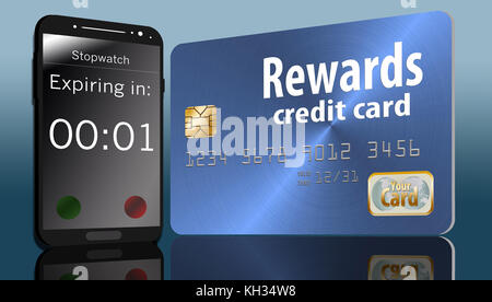 Eine Rewards-Kreditkarte mit einem Ablaufdatum wird mit einem Countdown-Timer für das Mobiltelefon auf dem Bildschirm angezeigt. Stockfoto