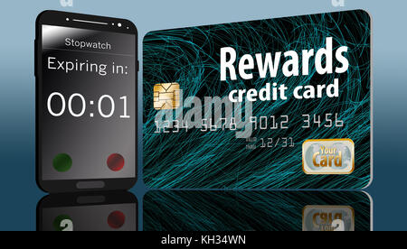 Eine Rewards-Kreditkarte mit einem Ablaufdatum wird mit einem Countdown-Timer für das Mobiltelefon auf dem Bildschirm angezeigt. Stockfoto