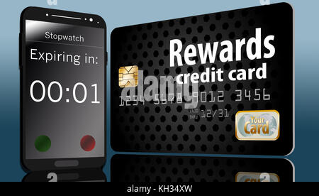 Eine Rewards-Kreditkarte mit einem Ablaufdatum wird mit einem Countdown-Timer für das Mobiltelefon auf dem Bildschirm angezeigt. Stockfoto