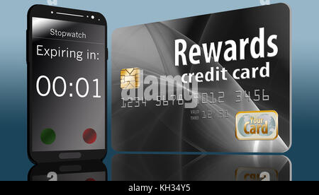 Eine Rewards-Kreditkarte mit einem Ablaufdatum wird mit einem Countdown-Timer für das Mobiltelefon auf dem Bildschirm angezeigt. Stockfoto