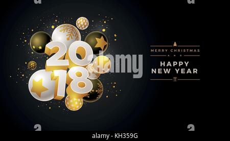 Abstract 2018 Neujahrsgruß card Design mit 3d-weiß, schwarz und gold Weihnachtskugeln. Elemente sind separat in Vektordatei geschichtet. Stock Vektor