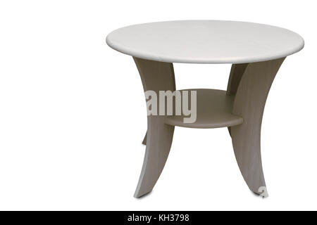 Kleine flache runde Tisch. Auf einem weißen Hintergrund dargestellt. Stockfoto
