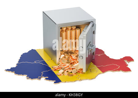 Safe mit goldenen Münzen auf der Karte von Rumänien, 3D-Rendering auf weißem Hintergrund Stockfoto