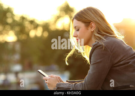 Seitenansicht Porträt einer ernsten Frau liest Text in einem Smart Phone in einem Haus Balkon bei Sonnenuntergang Stockfoto