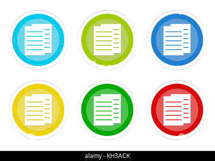 Eingestellt von Gerundeten farbige Schaltflächen mit Dokumente oder Nachrichten symbol in Blau, Grün, Gelb, Cyan und Rot Stockfoto