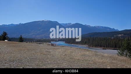 Eine leere Sitzbank mit Blick auf den Athabasca River in Jasper National Park, Kanada Stockfoto