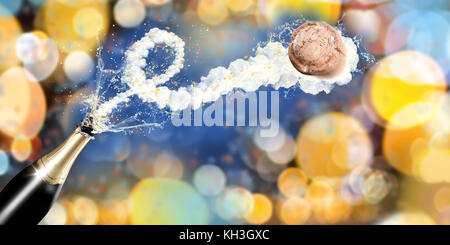 Champagner Flasche mit fliegenden Kork-bunten Hintergrund Stockfoto