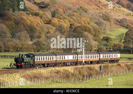 Die Llangollen Railway (Walisisch: Rheilffordd Llangollen) anfahren Carrog Bahnhof, Carrog, Denbighshire, North Wales, UK Stockfoto