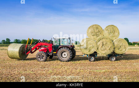 Traktor sammeln Heuballen in die Felder Stockfoto