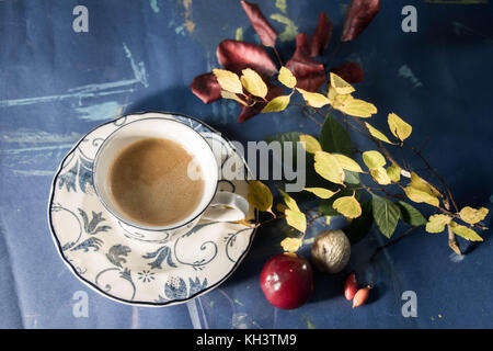 Eleganz Tasse Tee oder Kaffee mit farbigen Blättern plims und Muttern - zarte coposition Stockfoto