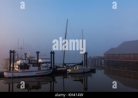 Nebeliger morgen auf den Fraser River im Britannia Yacht Yard in steveston in der Nähe von Vancouver, Kanada Stockfoto