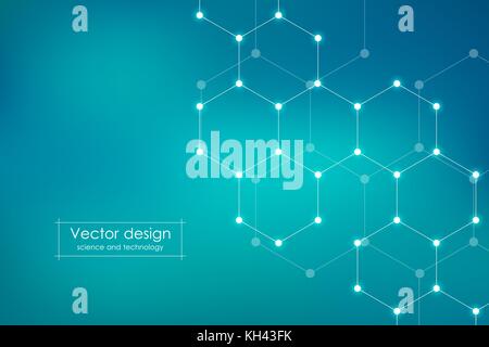 Abstrakte sechseckige Molekül Hintergrund, genetischen und chemischen Verbindungen. Geometrische Grafik und angeschlossene Leitungen mit Punkten. Wissenschaftliche und technologische Konzept, Vektor, Abbildung Stock Vektor